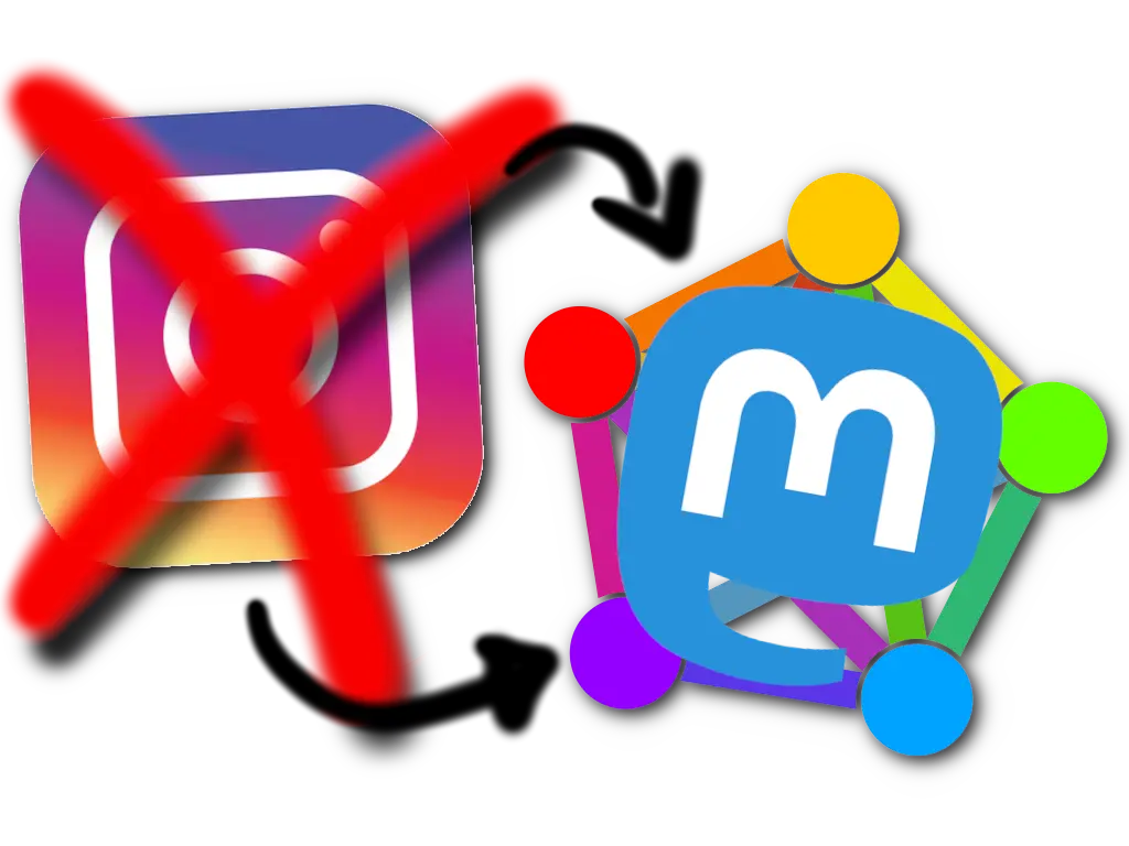 Durchgestrichenes Instagram-Logo von dem aus Pfeile auf ein Mastodon- und Fediverse-Logo zeigen