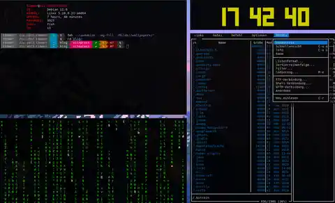 Bildschirmfoto meines aktuellen Desktops mit vier geöffneten Konsolen, wobei das Hintergrundbild nur durch die halbtransparenten Konsolen zu sehen ist, da die Fenster genau Bildfüllend sind und sich nicht überlappen.