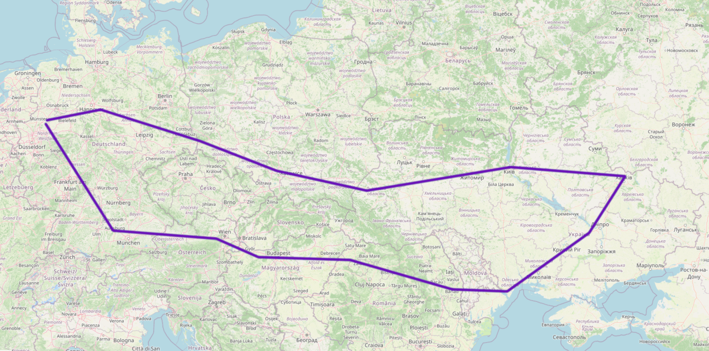 Karte mit der Route von Münster nach Bayern, Österreich, Ungarn, Rumänien, Moldau, die Ukraine (bis nach Charkyjiv) und von da zurück über Polen nach Deutschland.