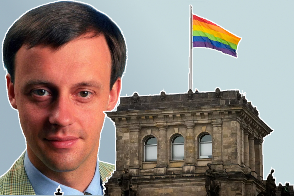 Ein Junger Friedrich Merz zusammen mit einer gehissten Regenbogen-Flagge über dem Reichstag