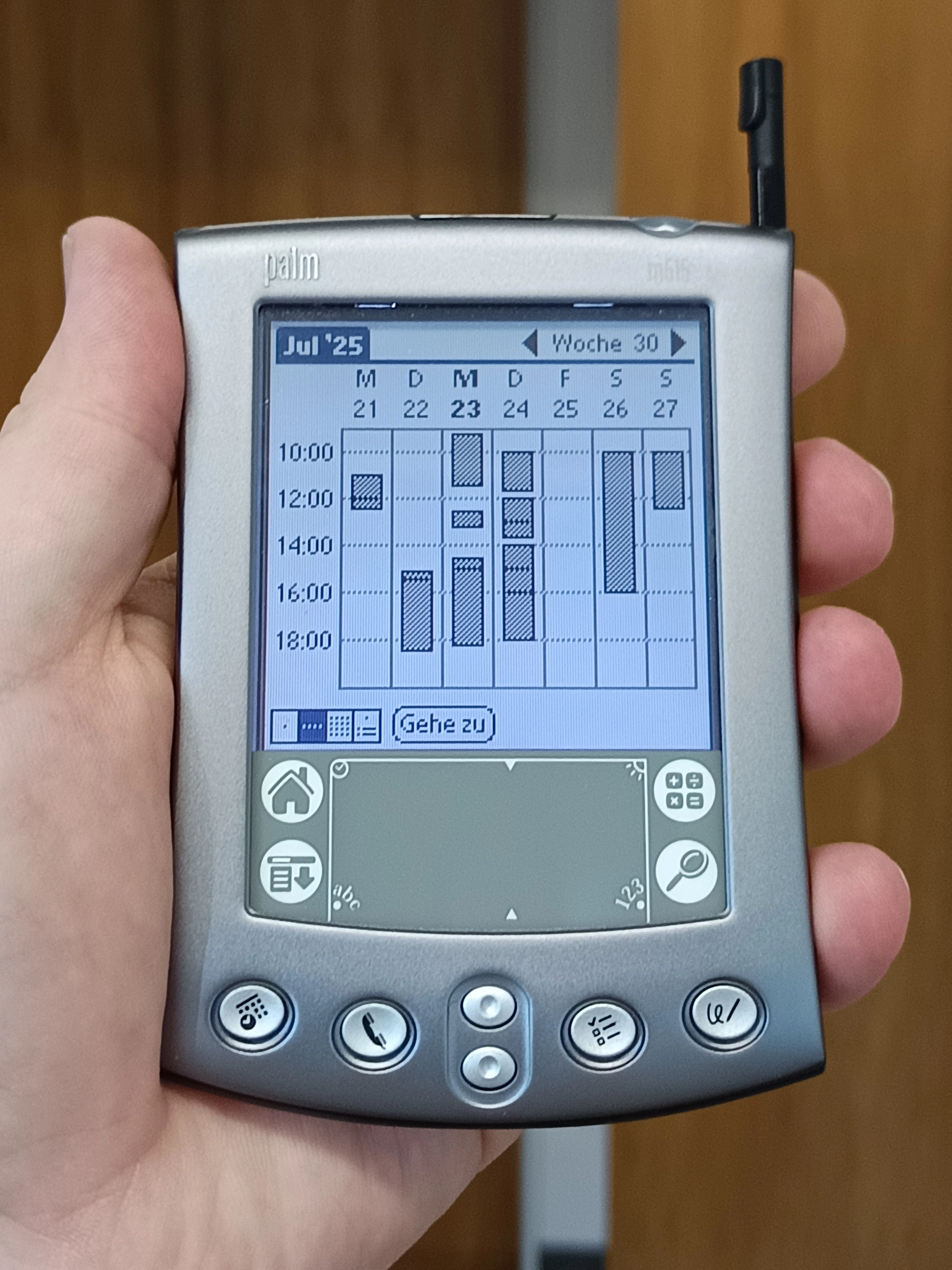 Ein Palm m515 Handheld liegt in meiner Hand, auf dessen Bildschirm ein Wochenkalender angezeigt wird.