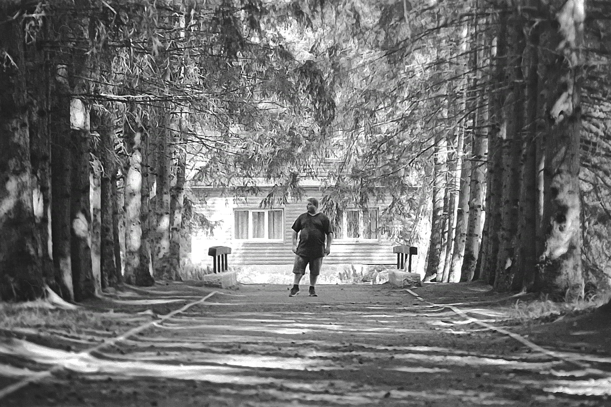 Foto von Marius, der mittig auf einem Weg unter Bäumen im Wald steht